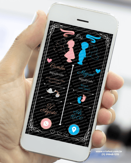 Convite interativo para chá revelação em fundo preto com elementos em azul e rosa, exibido em smartphone, com ícones clicáveis para WhatsApp e localização.