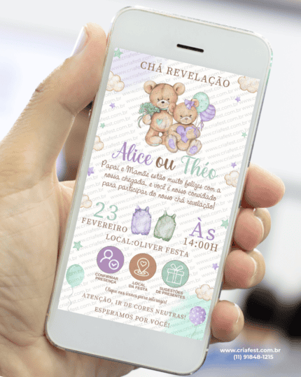 Convite interativo para chá revelação com ursinhos em tons lilás e verde, convite digital em PDF com botões clicáveis para confirmação de presença e localização.