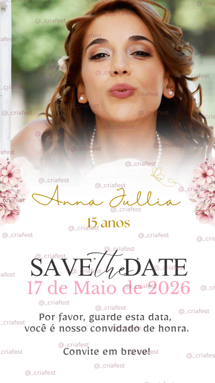 Save the Date digital para festa de 15 anos – modelo rosa com foto da debutante e flores delicadas