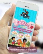 Convite animado em vídeo tema 3 Palavrinhas para menina exibido na tela do celular