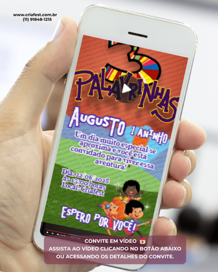 Convite em vídeo tema 3 Palavrinhas personalizado para aniversário infantil exibido no celular