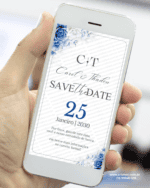 Save the Date casamento floral azul e branco elegante para anunciar a data do casamento.