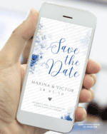 Save the Date casamento branco e azul com flores elegantes para anunciar a data do casamento.