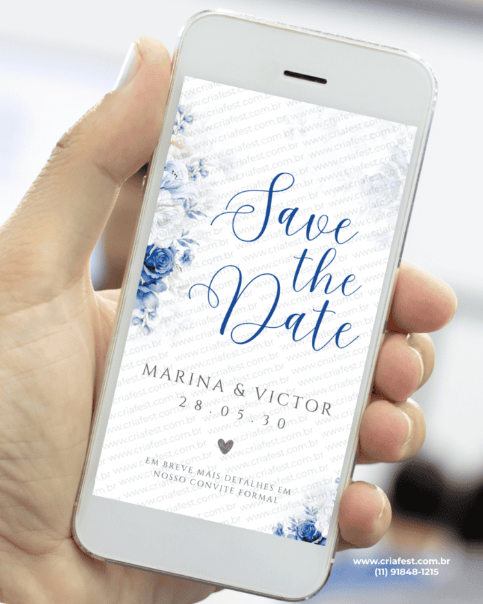 Save the Date casamento branco e azul com flores elegantes para anunciar a data do casamento.