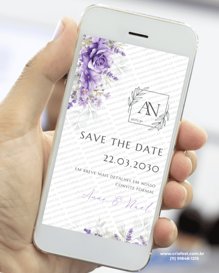 save the date casamento floral lavanda com flores lilás romântico
