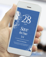 Save the Date casamento azul elegante com flores brancas para anunciar a data do casamento.