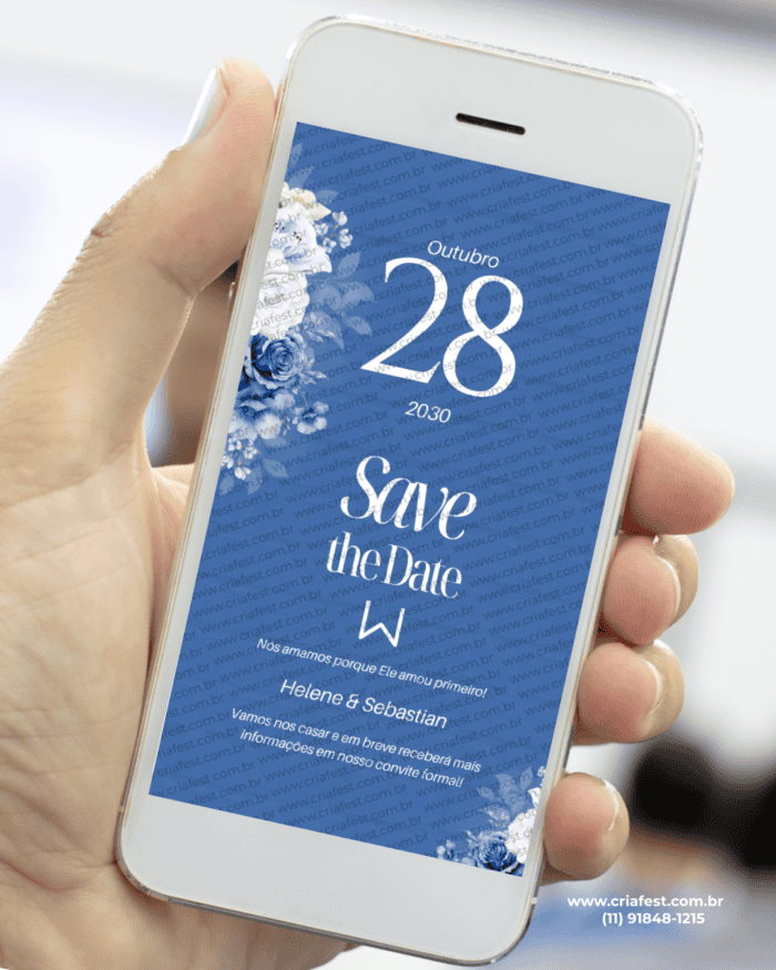 Save the Date casamento azul elegante com flores brancas para anunciar a data do casamento.