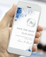 Save the Date casamento azul e branco com flores elegantes estilo clássico.