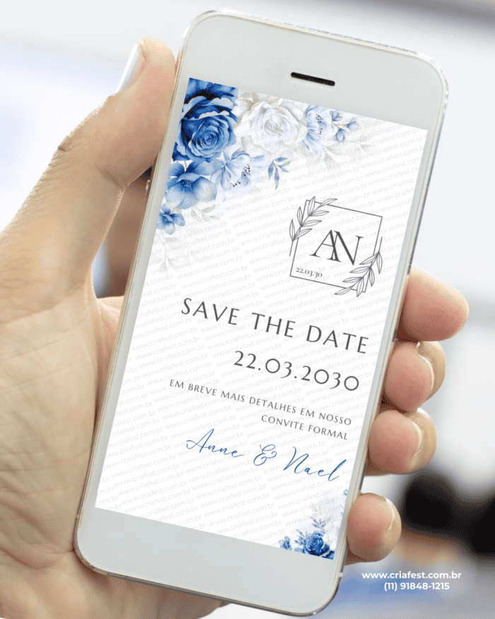 Save the Date casamento azul e branco com flores elegantes estilo clássico.