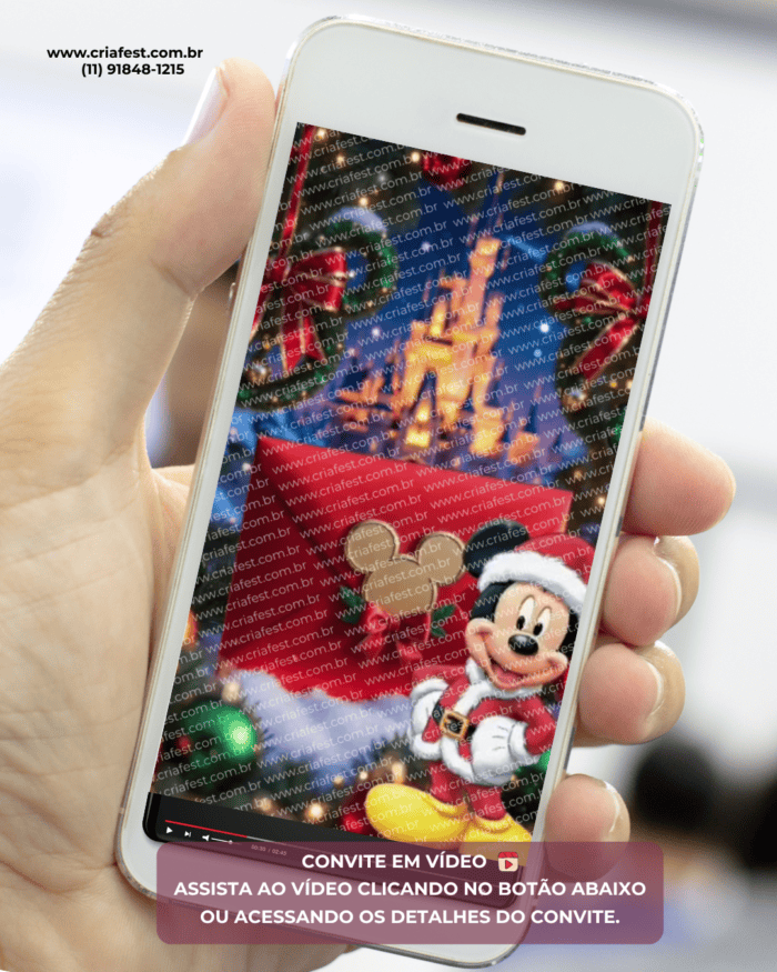 Convite animado do Mickey Natal em vídeo personalizado para festa de Natal, convite digital infantil tema Mickey Natal enviado pelo WhatsApp.