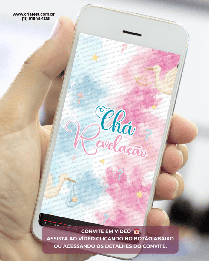 Convite animado para chá revelação rosa e azul com ponto de interrogação. Convite digital em vídeo para enviar pelo WhatsApp e descobrir se é menino ou menina.