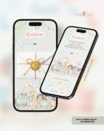 Convite digital interativo para chá revelação com envelope digital com lacre dourado e tema safari infantil