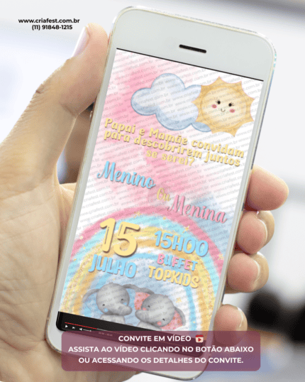 Convite animado para chá revelação com elefantinhos, arco-íris e nuvens em tons rosa e azul. Convite digital em vídeo para enviar pelo WhatsApp.