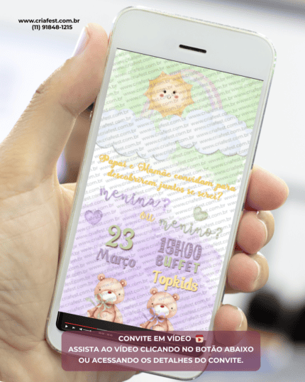 Convite animado para chá revelação lilás e verde com ursinhos e detalhes delicados. Convite digital em vídeo para enviar pelo WhatsApp.