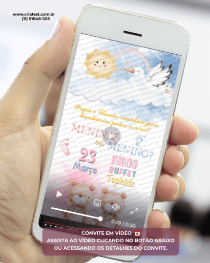 Convite animado para chá revelação com ursinhos, cegonha e nuvens em tons azul e rosa. Convite digital em vídeo para enviar pelo WhatsApp.