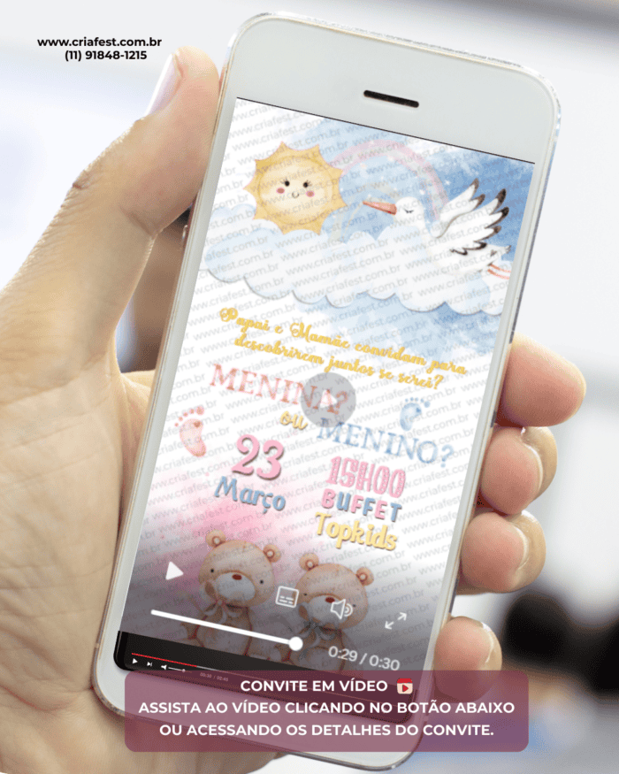 Convite animado para chá revelação com ursinhos, cegonha e nuvens em tons azul e rosa. Convite digital em vídeo para enviar pelo WhatsApp.