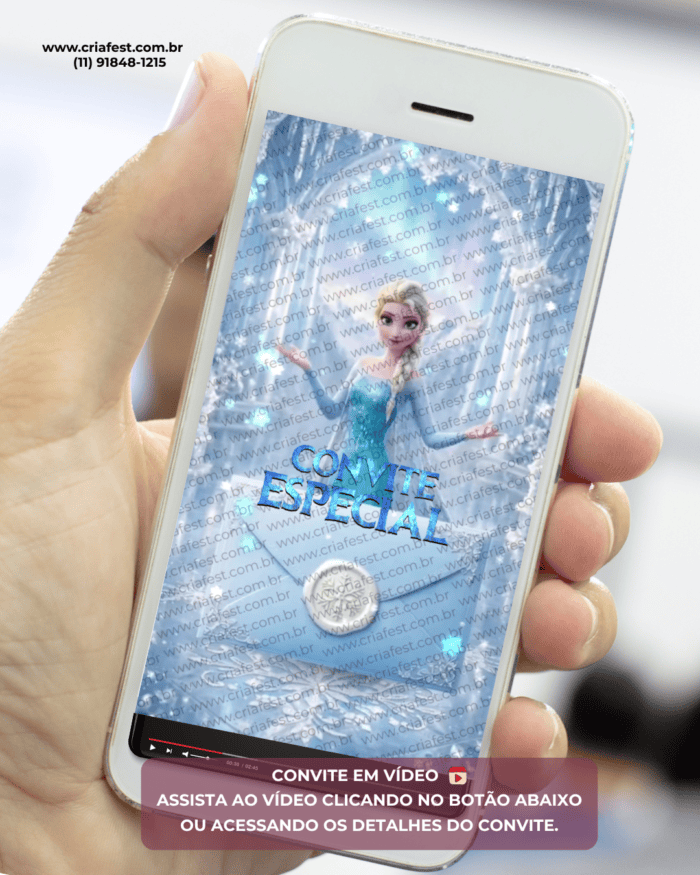 Convite animado Frozen em cenário de gelo para aniversário infantil exibido na tela de um celular