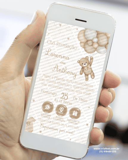 Convite interativo para chá revelação com ursinho em tons marrom e bege, convite digital em PDF com botões clicáveis para confirmação de presença e localização.