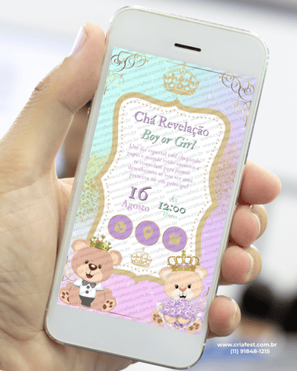 Convite digital interativo para chá revelação com ursinhos príncipes e princesas em tons lilás e verde exibido em celular