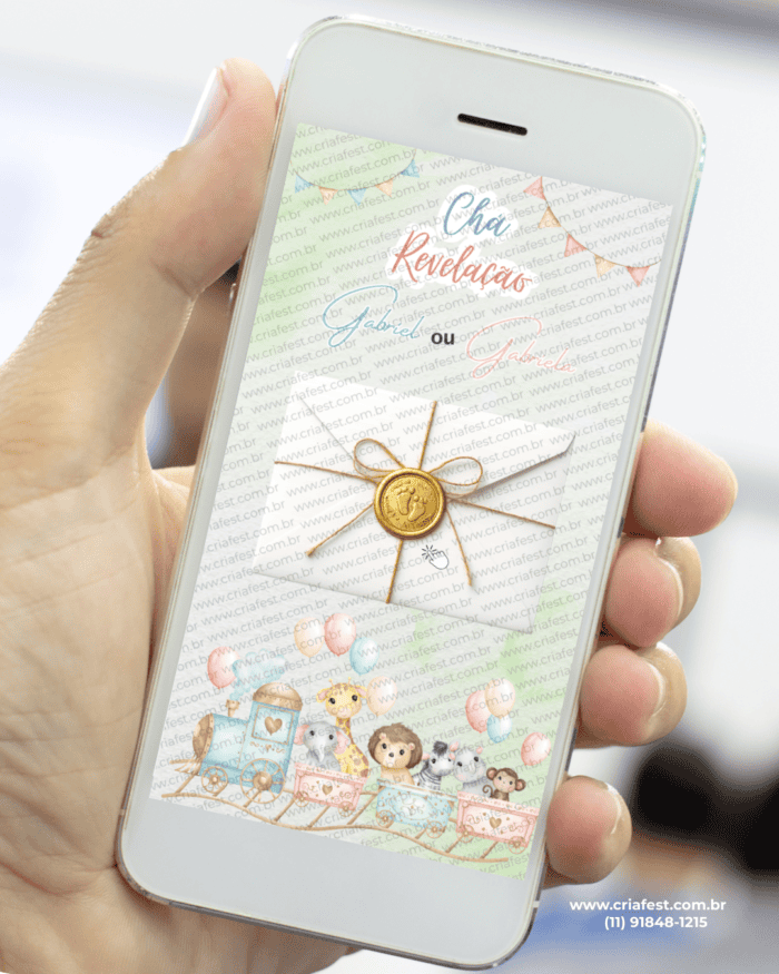 Convite digital interativo para chá revelação com envelope e lacre dourado e tema safari infantil