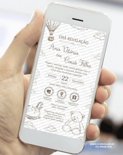 Convite interativo para chá revelação em tons neutros branco e marrom com ilustrações delicadas, convite digital em PDF com botões clicáveis.