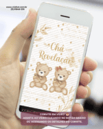 Convite animado para chá revelação neutro com ursinhos e detalhes dourados. Convite digital em vídeo para enviar pelo WhatsApp e descobrir se é menino ou menina.