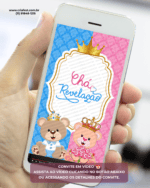 Convite animado para chá revelação com ursinhos príncipe e princesa em azul e rosa. Convite digital em vídeo para enviar pelo WhatsApp e descobrir se é menino ou menina.