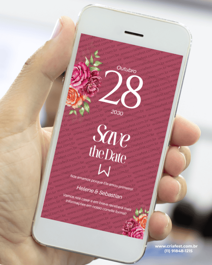 Save the Date casamento marsala com flores rosa, marsala e laranja para anunciar a data do casamento.