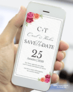 Save the Date casamento digital floral colorido com rosas marsala e laranja. Aviso de casamento para enviar pelo WhatsApp.