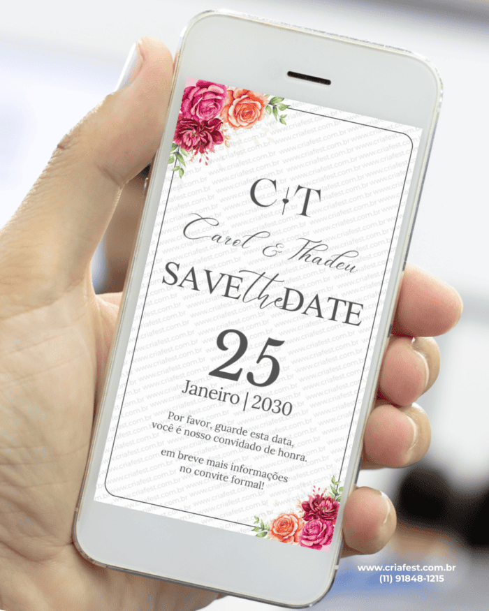 Save the Date casamento digital floral colorido com rosas marsala e laranja. Aviso de casamento para enviar pelo WhatsApp.