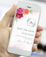Save the Date casamento digital com flores rosa, laranja e marsala. Aviso elegante de casamento para enviar pelo WhatsApp.