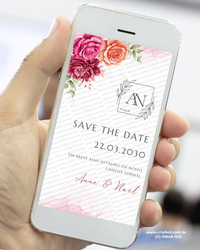 Save the Date casamento digital com flores rosa, laranja e marsala. Aviso elegante de casamento para enviar pelo WhatsApp.