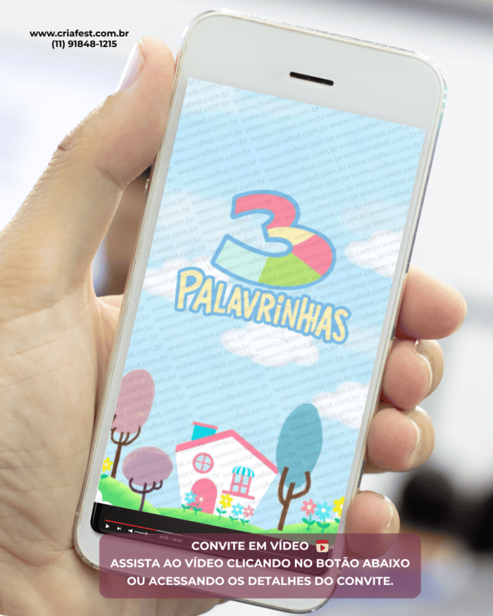 Convite animado infantil em vídeo tema 3 Palavrinhas candy color para aniversário personalizado
