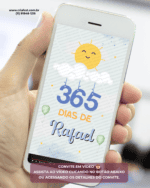 Smartphone exibindo convite animado em vídeo tema 365 Dias de Rafael com sol e balões para aniversário infantil