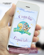 Celular exibindo convite animado em vídeo tema Baby Looney Tunes com fundo azul para aniversário infantil