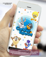 Smartphone com convite animado em vídeo tema Baby Looney Tunes com personagens infantis para aniversário
