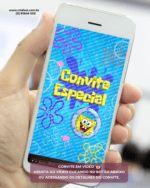 Celular exibindo convite animado em vídeo tema Bob Esponja para aniversário infantil