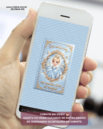 Convite animado em vídeo tema Cinderela com narração e foto exibido na tela do celular para aniversário infantil