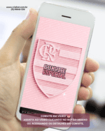 Celular exibindo convite animado em vídeo tema Flamengo rosa com escudo do time para aniversário