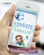 Celular exibindo convite animado em vídeo tema fundo do mar com mergulhador para aniversário infantil