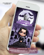 Convite animado Wandinha com foto para aniversário infantil, exibido em celular.