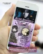 Convite com vídeo inspirado na Wandinha para aniversário infantil, exibido em celular com visual sombrio, animações e fundo roxo.