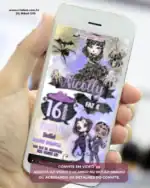 Convite digital animado inspirado na Wandinha para aniversário infantil, com animações temáticas, elementos misteriosos e visual exibido em celular.