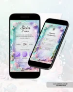 Página interna de convite Fundo do Mar para menina, com cenário marinho em tons de lilás, azul e rosa, conchas, estrelas-do-mar, pérolas e elementos delicados.