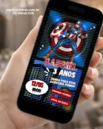 Convite interativo Capitão América para aniversário infantil, com o personagem em destaque e design inspirado nos quadrinhos.