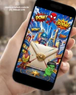 Convite interativo com envelope digital Super-Heróis Baby para aniversário infantil, com Homem-Aranha, Capitão América, Homem de Ferro e Hulk em versão infantil.