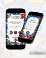 Página interna de convite interativo com envelope digital Super-Heróis Baby, mostrando detalhes do aniversário e sugestões de presentes em um design infantil de super-heróis.