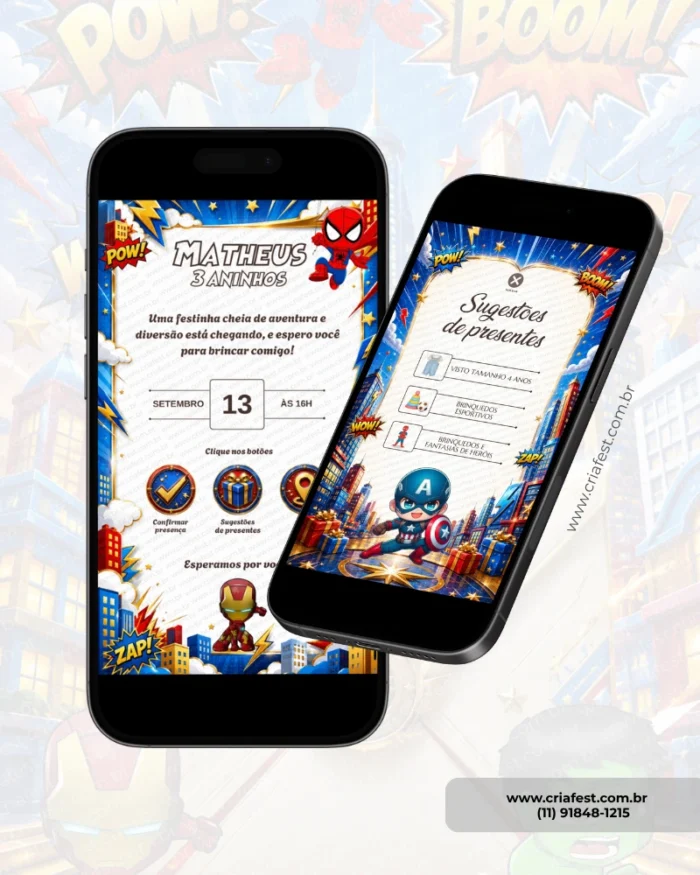 Página interna de convite interativo com envelope digital Super-Heróis Baby, mostrando detalhes do aniversário e sugestões de presentes em um design infantil de super-heróis.