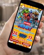 Convite interativo Super-Heróis para aniversário, com Hulk, Homem de Ferro, Capitão América, Homem-Aranha e Thor em um design colorido e divertido.