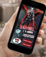 Convite interativo Thor para aniversário infantil, com Thor e seu martelo Mjölnir em um design inspirado nos quadrinhos e no universo dos super-heróis.